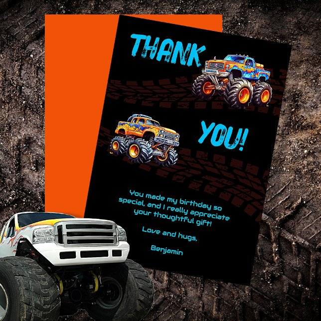 Cartão De Agradecimento Tema do Monstro do Caminhão (Boy's Monster Truck Theme Birthday Bash Thank You Card)
