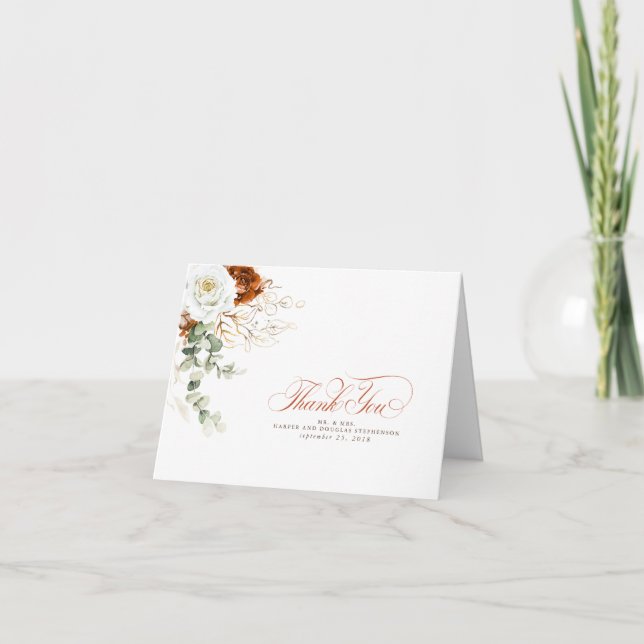 Cartão De Agradecimento Terracota e Flores Brancas Boho Obrigado (Frente)