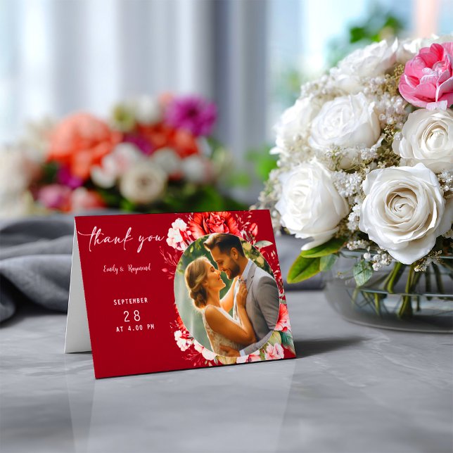 Cartão De Agradecimento Terracotta Burgundy Blush Floral Wedding Photo (Criador carregado)