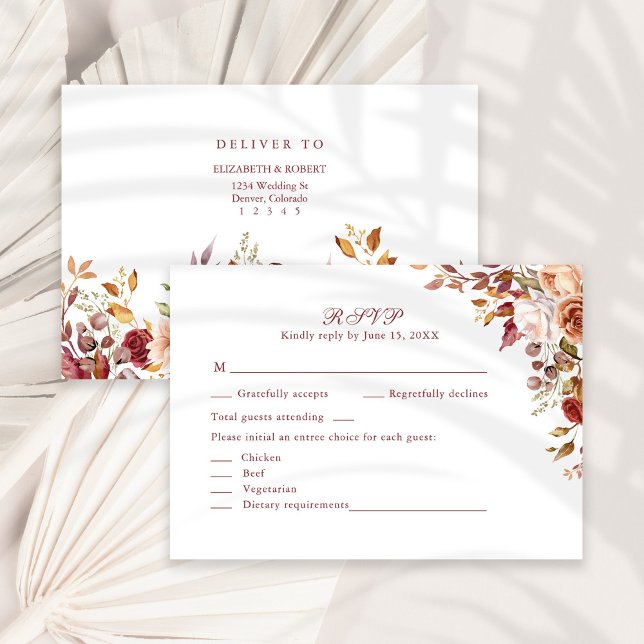 Cartão De Agradecimento Terracotta Burnt Orange Floral Weding RSVP Card (Terracotta Burnt Orange Floral Wedding RSVP Card on a sunny white boho table.)
