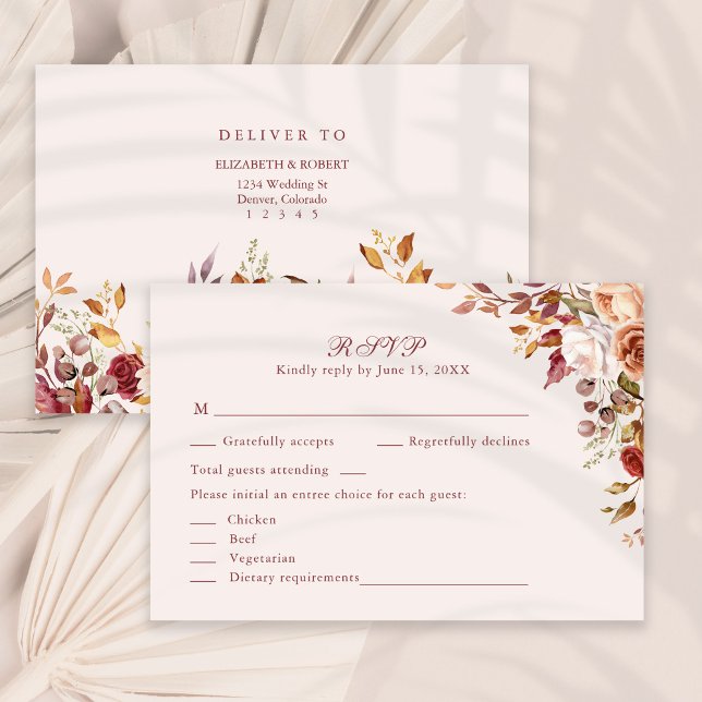 Cartão De Agradecimento Terracotta Burnt Orange Floral Weding RSVP Card (Terracotta Burnt Orange Floral Wedding RSVP Card on a sunny neutral dry palm leaf.)