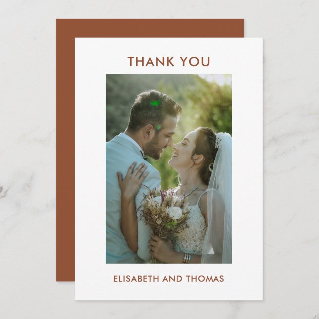 Cartão De Agradecimento Terracotta e foto do casamento elegante (Frente/Verso)