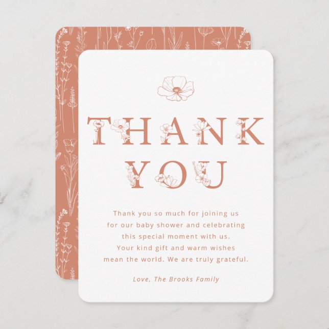 Cartão De Agradecimento Terracotta Floral Thank You Card | Baby Shower (Frente/Verso)