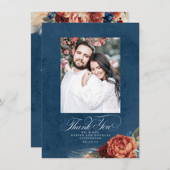 Cartão De Agradecimento Terracotta Marinho Azul Casamento Obrigado Foto (Frente/Verso)