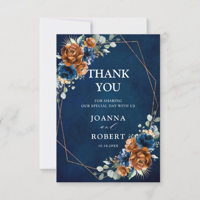 Cartão De Agradecimento Terracotta Marinho Blue Greenery Casamento Geométr (Frente)