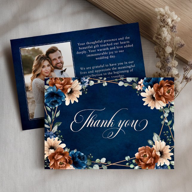 Cartão De Agradecimento Terracotta Marinho Blue Greenery Casamento Geométr (Terracotta Navy Blue Greenery Geometric Wedding Thank You Card)