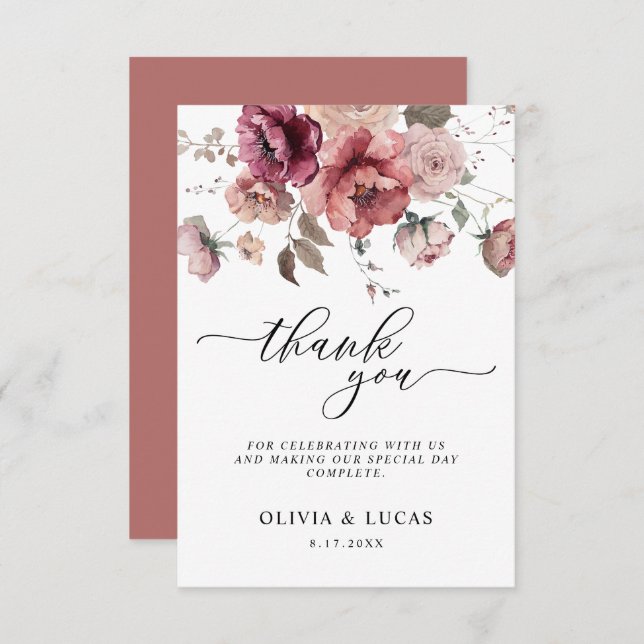 Cartão De Agradecimento Terracotta Marsala Burgundy Casamento outono Flora (Frente/Verso)