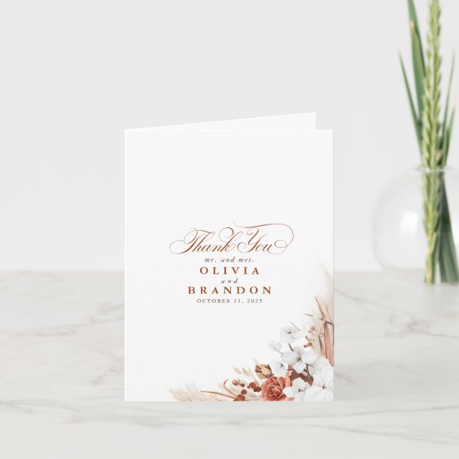 Cartão De Agradecimento Terracotta White Floral Casamento Obrigado (Frente)