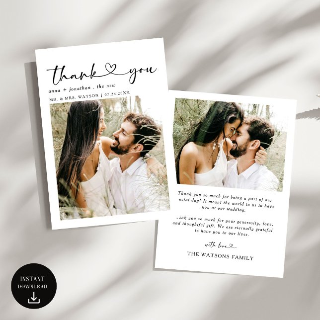 Cartão De Agradecimento Texto de Script Simples e Casamento de Foto Obriga (Criador carregado)
