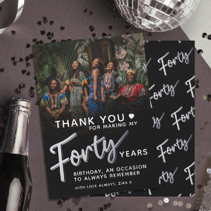 Cartão De Agradecimento texto script quarenta preto prata aniversário de 4
