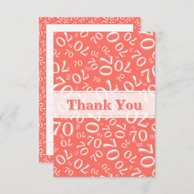 Cartão De Agradecimento Thank You 70 Birthday Number Pattern Coral/White (Frente/Verso)