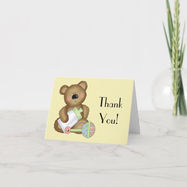 Cartão De Agradecimento Thank You!-Baby Bear with Baby Bottle+Rattle (Frente)