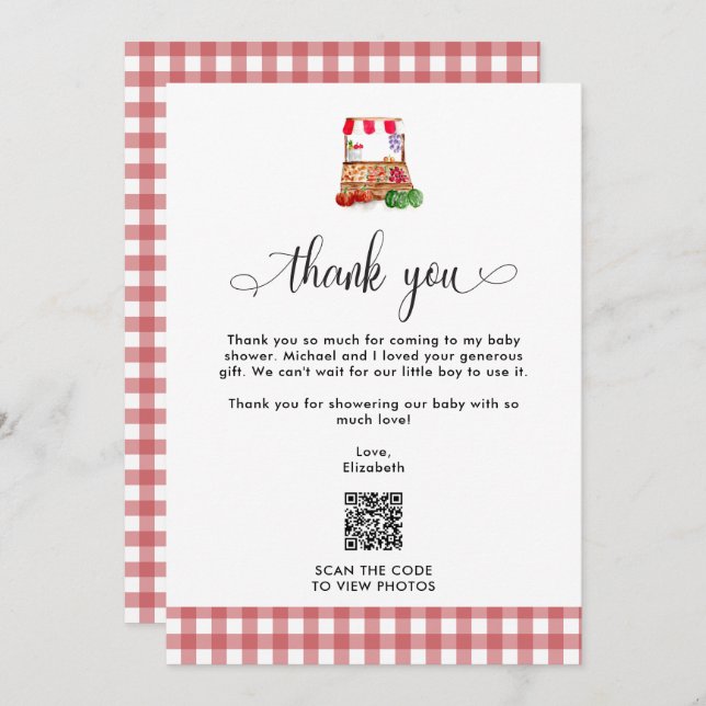 Cartão De Agradecimento Thank you Baby Shower Locally Grown Farm QR Code (Frente/Verso)