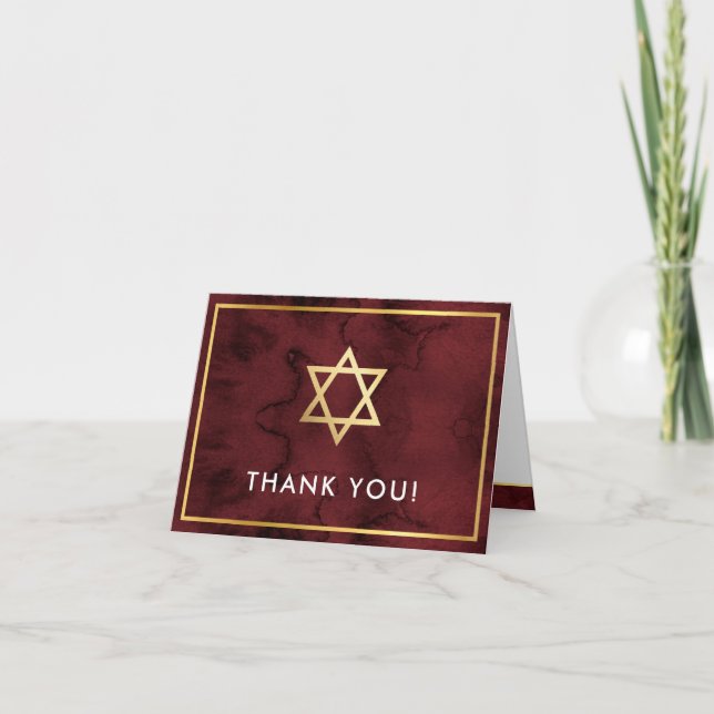 Cartão De Agradecimento THANK YOU bar mitzvah gold star maroon dark red (Frente)