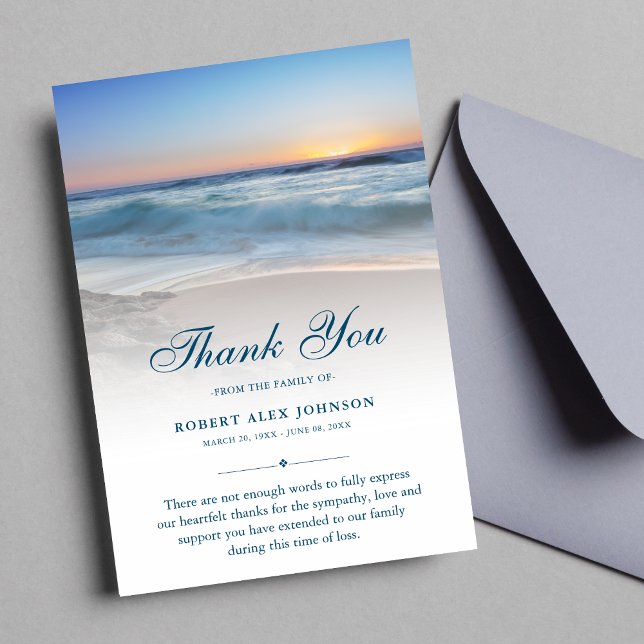 Cartão De Agradecimento Thank You Beach Funeral Photo Sympathy Grief Blue (Blue Beach Sympathy Thank You Card )