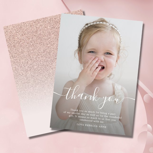 Cartão De Agradecimento Thank You birthday photo rose gold glitter ombre (Photo Thank You Card)