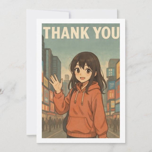 Cartão De Agradecimento Thank You Card - Anime Girl in Times Square (Frente)