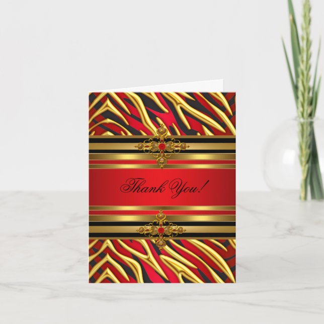 Cartão De Agradecimento Thank You Card Birthday Party Red Zebra Gold Black (Frente)