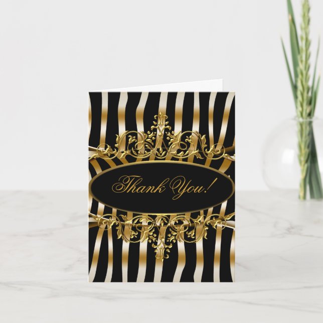 Cartão De Agradecimento Thank You Card Elegant Zebra Black Gold (Frente)