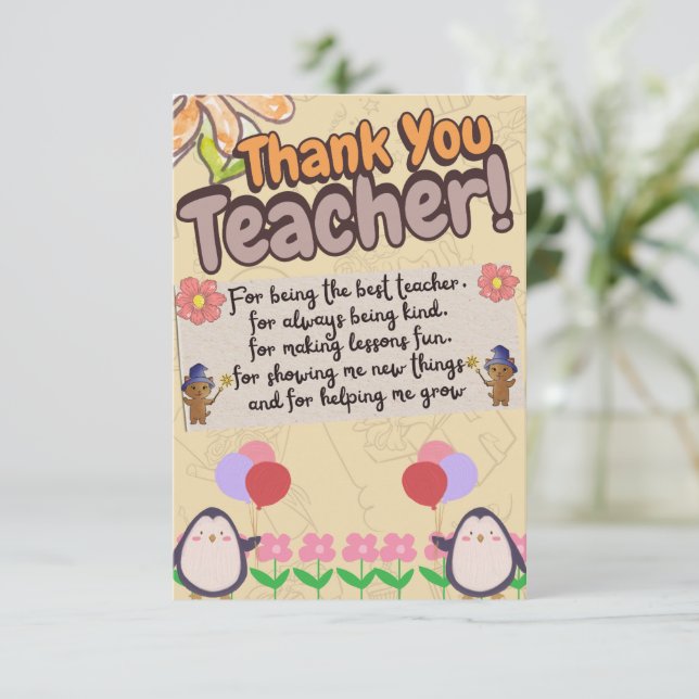 Cartão De Agradecimento thank you card for teachers. (Em pé/Frente)