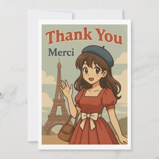 Cartão De Agradecimento Thank You Card - French Anime Girl in Paris (Frente)