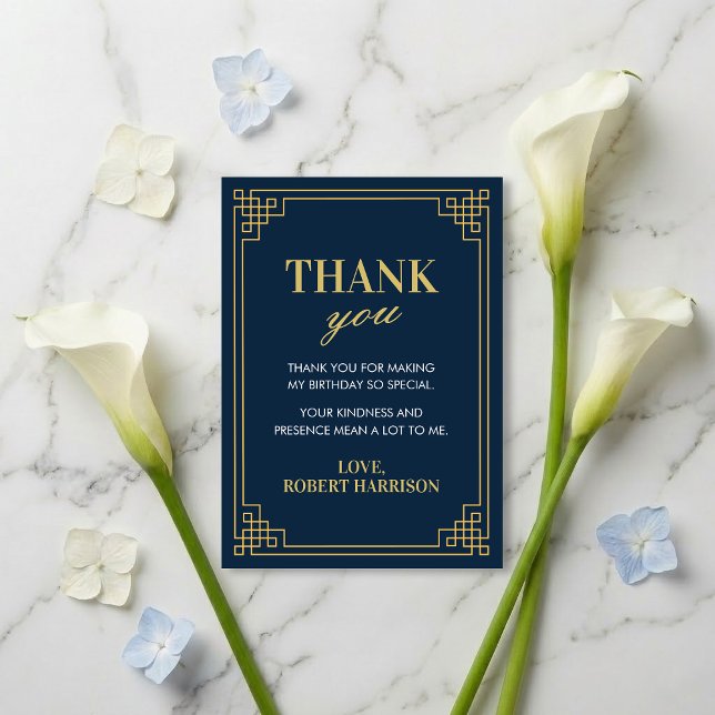 Cartão De Agradecimento Thank You Card Navy Gold Art Deco 80th Birthday (SEE FULL SUITE AT BOTTOM)