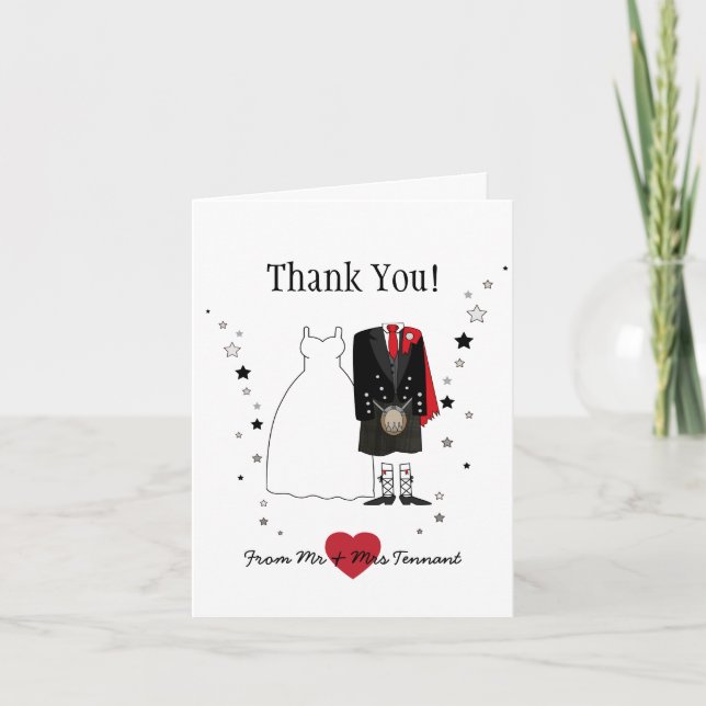 Cartão De Agradecimento Thank You Card Scottish Bride & Groom kilt - red (Frente)