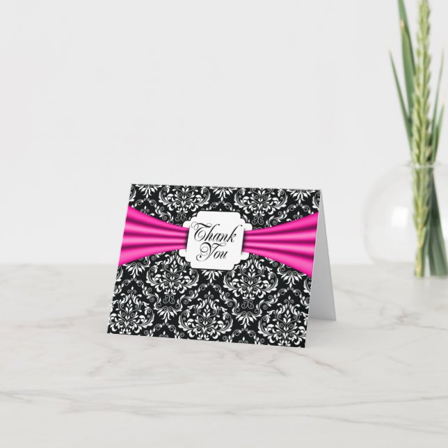 Cartão De Agradecimento Thank You Cards Black White Hot Pink Ribbon Damask (Frente)