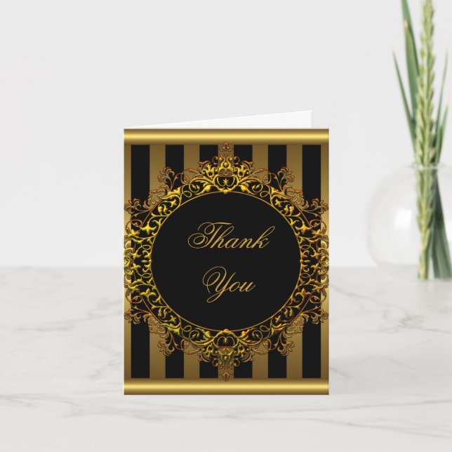 Cartão De Agradecimento Thank You Elegant Gold Black Stripe (Frente)