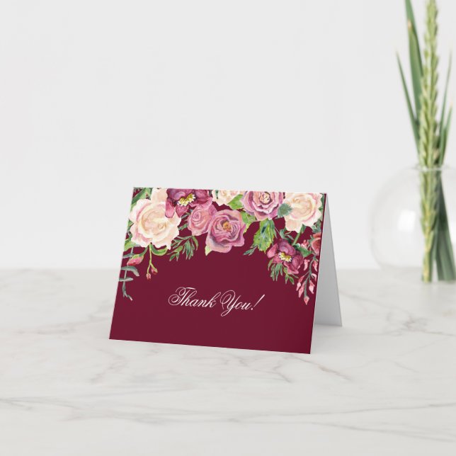Cartão De Agradecimento Thank You Notes Fall Winter Burgundy Rose Floral (Frente)