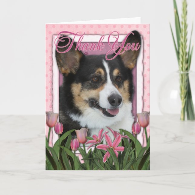 Cartão De Agradecimento Thank You - Pink Tulips - Corgi (Frente)