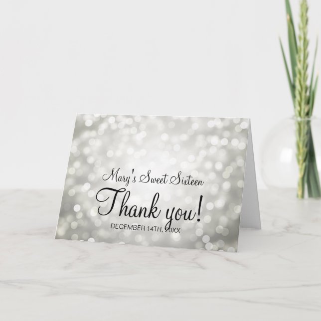 Cartão De Agradecimento Thank You Sweet 16 Birthday Silver Glitter Lights (Frente)