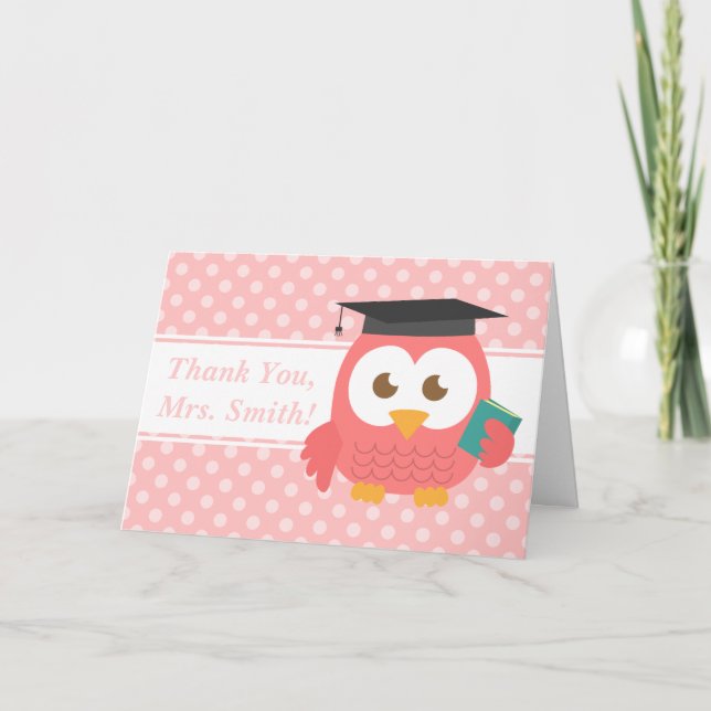 Cartão De Agradecimento Thank You Teacher, Teacher Owl, Pink Polka Dots (Frente)