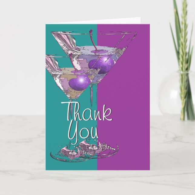 Cartão De Agradecimento "Thank you" teal purple martini cocktail (Frente)