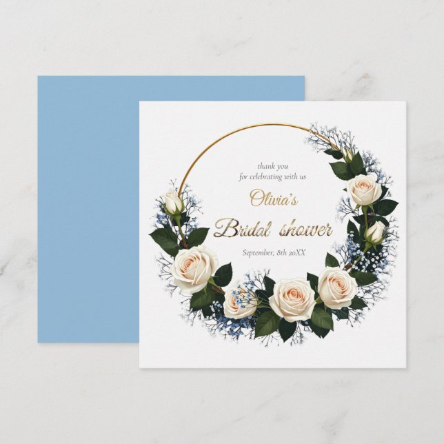 Cartão De Agradecimento Thank You White Roses & Blue Baby’s Breath  (Frente/Verso)