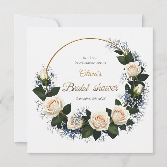 Cartão De Agradecimento Thank You White Roses & Blue Baby’s Breath  (Frente)