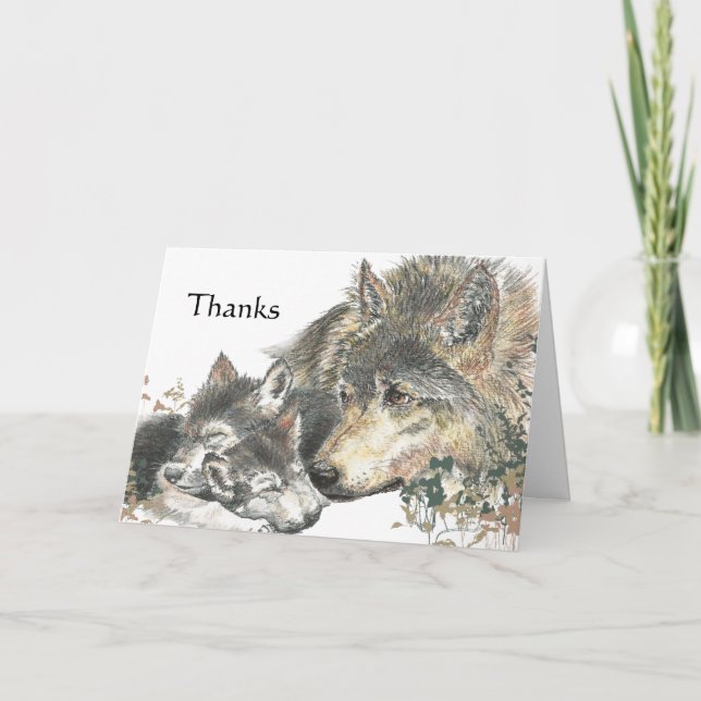 Cartão De Agradecimento Thanks Watercolor Wolf & Cubs Animal Art (Frente)