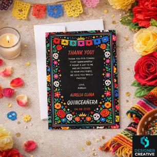 Cartão De Agradecimento Tiara Dourada Floral de Festa Preta Mexicana Quinc