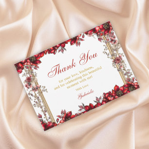 Cartão De Agradecimento Tiara Floral Vermelha Dourada Quinceañera