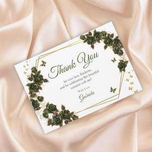 Cartão De Agradecimento Tiaras Douradas Rosas Borboletas Quinceañera