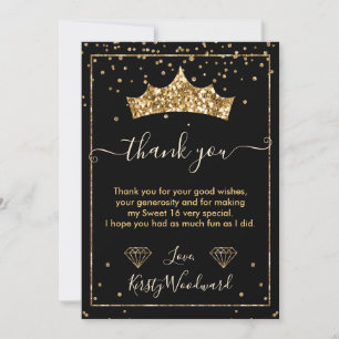 Cartão De Agradecimento Tiaro de Confetes de Diamante Dourado Sweet 16