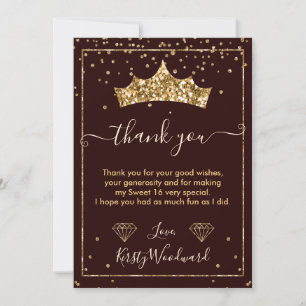 Cartão De Agradecimento Tiaro de Confetes de Diamante Dourado Sweet 16