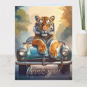 Cartão De Agradecimento Tigre sentado em um carro esportivo