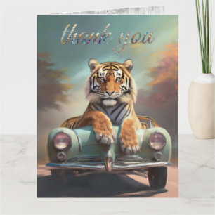 Cartão De Agradecimento Tigre sentado em um carro esportivo