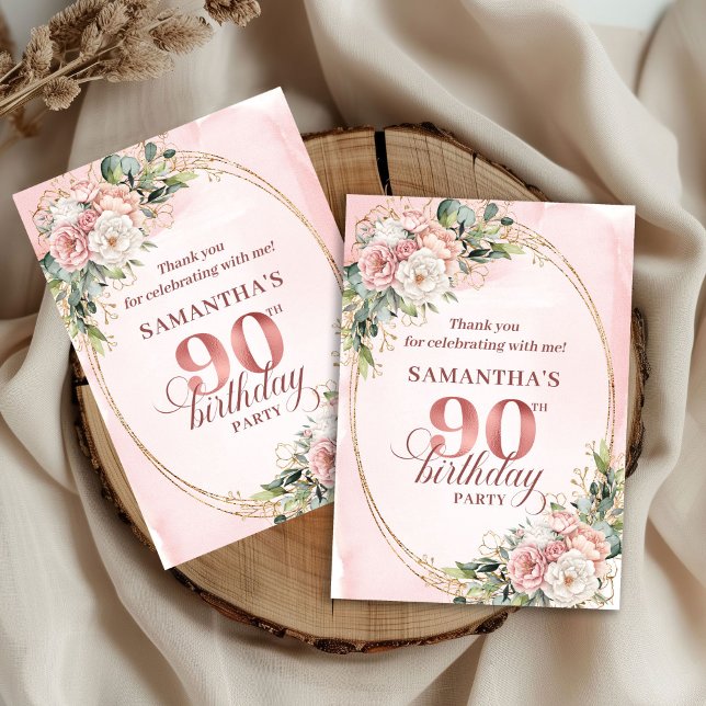 Cartão De Agradecimento Timeless Blush Pink Gold Greenery 90th Thank You  (Timeless Blush Pink Gold Greenery 90th Thank You Card)