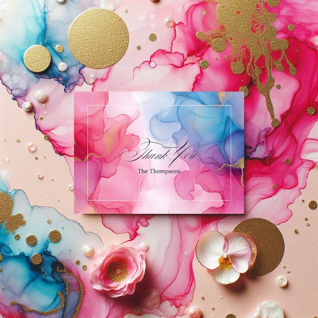 Cartão De Agradecimento Tinta de álcool rosa e azul com acentos Dourados (Pink and Blue Alcohol Ink with Gold Accents Thank You Card)
