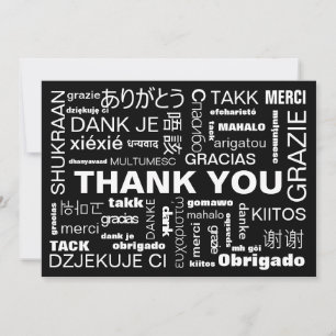 Cartão De Agradecimento Tipografia Multilíngue Preto e Branco Plano