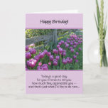 Cartão De Agradecimento Today's a good day for your friends to tell you...<br><div class="desc">A birthday message of gratitude for a friend paired with a gorgeous photo of purple tulips growing along a wood fence. “Today’s a good day for your friends to tell you how much they appreciate you – and that’s just what I’d like to do now…” Inside: “To acknowledge the special...</div>