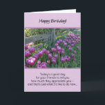 Cartão De Agradecimento Today's a good day for your friends to tell you...<br><div class="desc">A birthday message of gratitude for a friend paired with a gorgeous photo of purple tulips growing along a wood fence. “Today’s a good day for your friends to tell you how much they appreciate you – and that’s just what I’d like to do now…” Inside: “To acknowledge the special...</div>