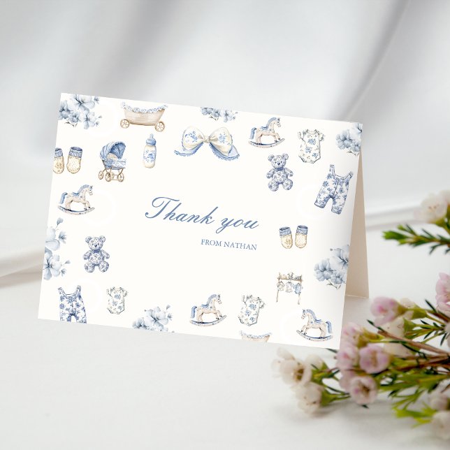 Cartão De Agradecimento Toile De Jouy Baby Shower Blue Bow Boy (Toile De Jouy Baby Shower Blue Bow Boy Thank You Card)